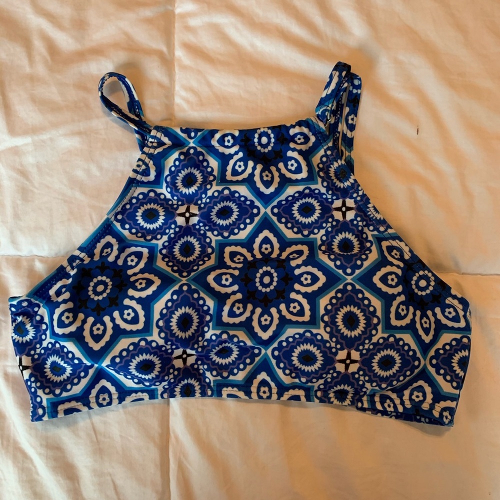 Blue and white high neck bikini top